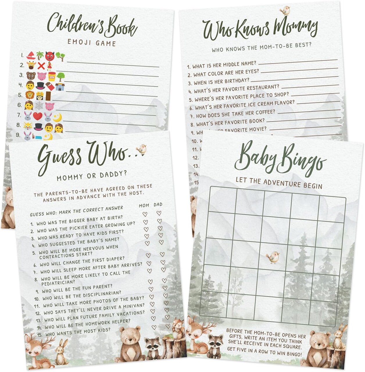 Woodland Baby Shower Games for Boy – Set of 4 Games for 30 Guests